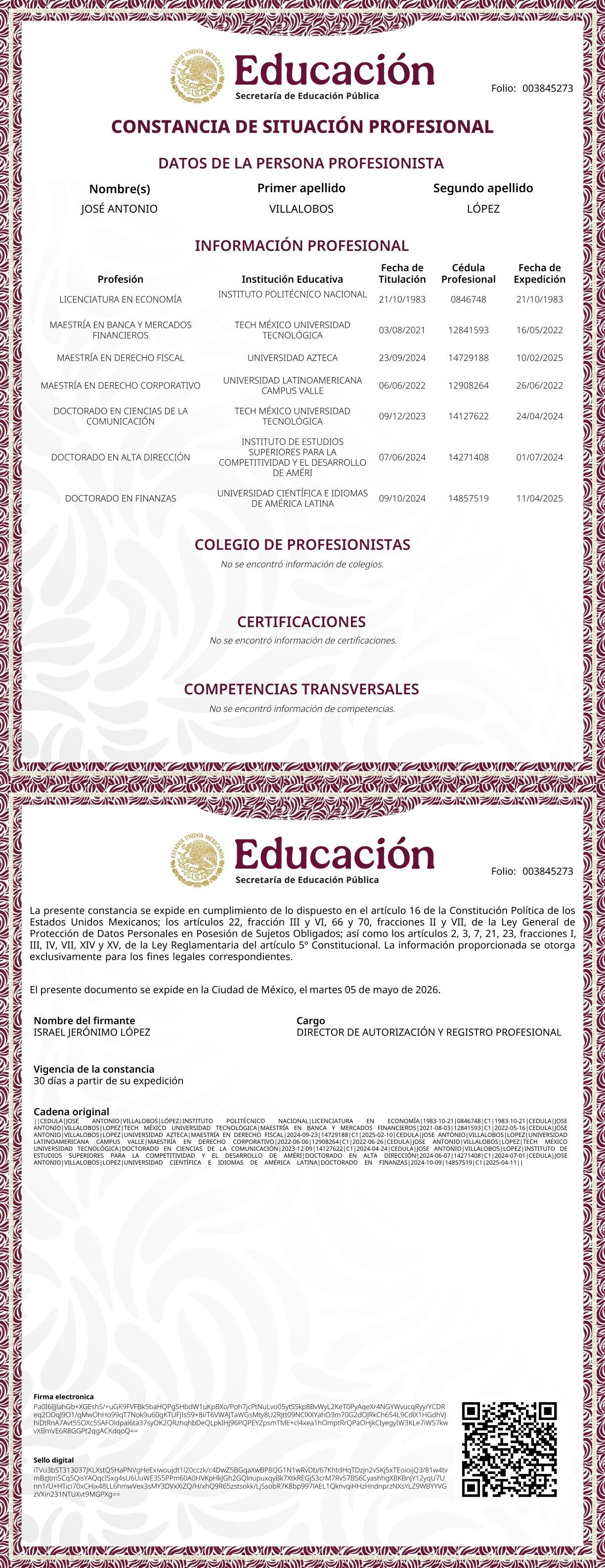 Constancia de Situación Profesional José Antonio Villalobos López